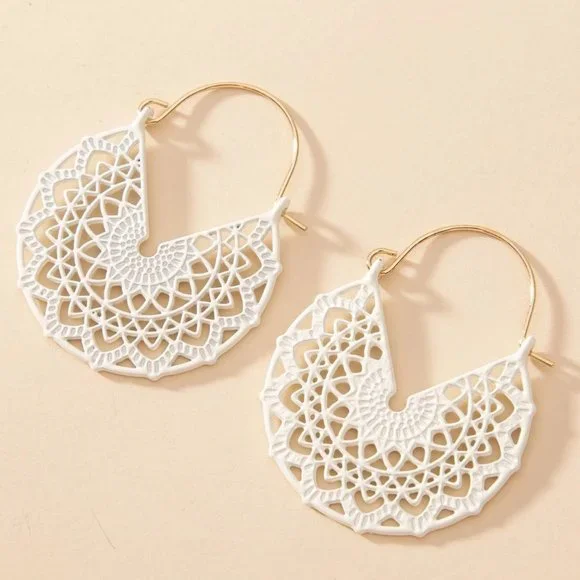 White Boho Mandala Earrings - Picture 2 of 4